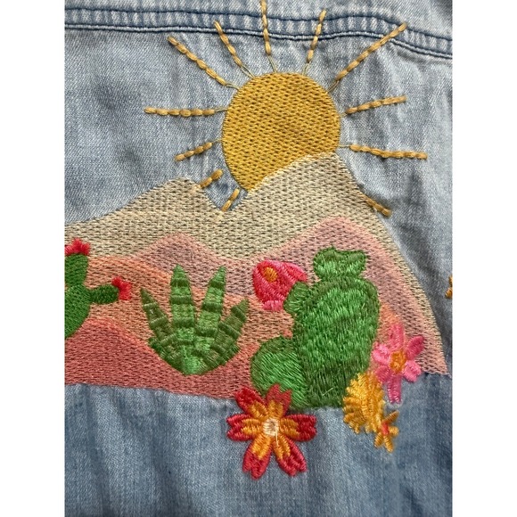 Billy T Tops - Billy T Womens Desert Embroidered Denim Shirt Blue Cotton Lyocell Cactus Sun M